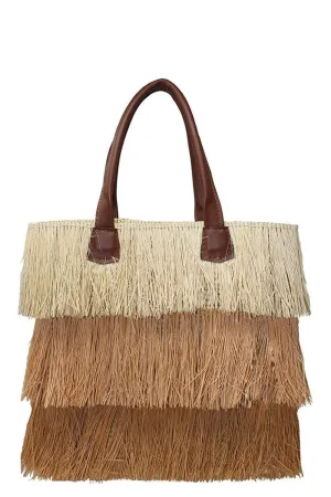 3 Tones Frayed Straw Tote - Natural